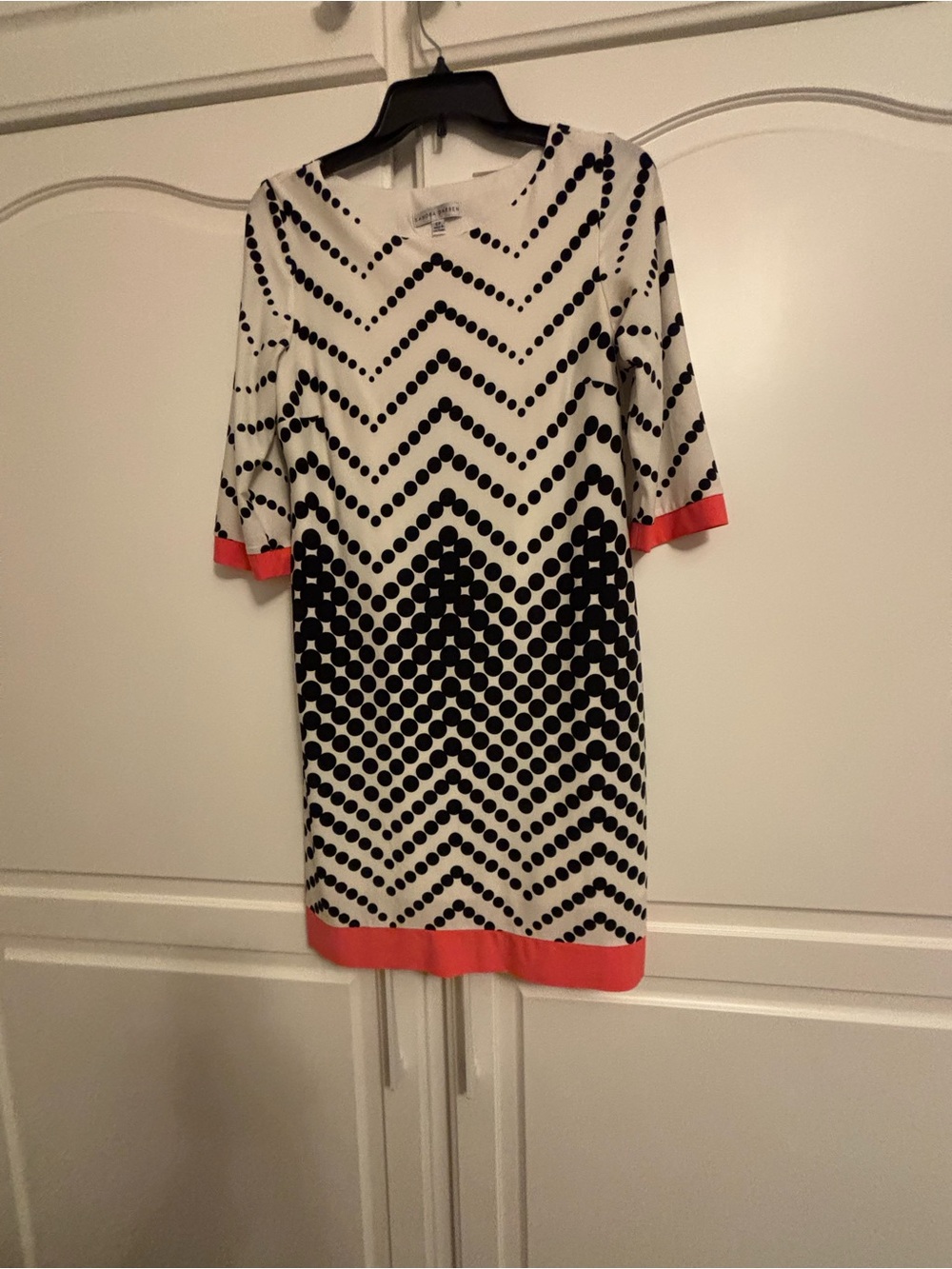Sandra Darren Cream and Black Polka Chevron Shift Dress with Coral Trim